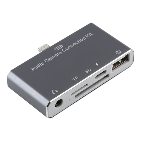 D-198 HUB 5 in 1 da 8 pin a USB + USB-C / Type-C + auricolare da 3,5 mm + lettore di schede SD + TF per MacBook, PC, laptop, smartphone