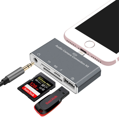 D-198 HUB 5 in 1 da 8 pin a USB + USB-C / Type-C + auricolare da 3,5 mm + lettore di schede SD + TF per MacBook, PC, laptop, smartphone