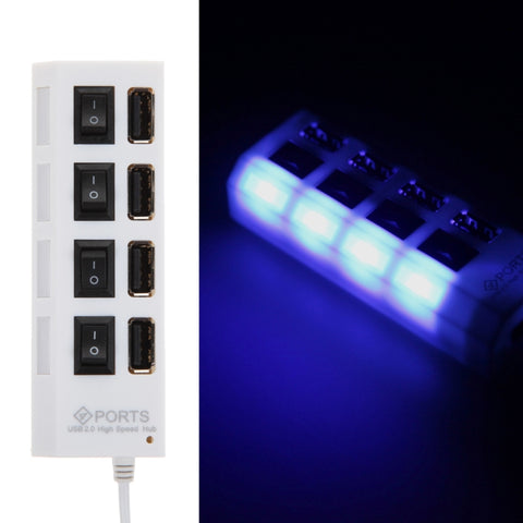 Hub USB 2.0 a 4 porte Splitter USB ad alta velocità 480 Mbps con interruttore ON/OFF, 4 LED, 4 Ports (White)