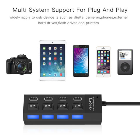 Hub USB 2.0 a 4 porte Splitter USB ad alta velocità 480 Mbps con interruttore ON/OFF, 4 LED, 4 Ports with 4 LED (Black)
