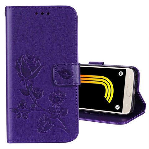 Per Galaxy J3 (2017) / J330 (versione UE) Custodia in pelle con chiusura orizzontale con motivo floreale pressato con rose con supporto, slot per carte e portafoglio, For Galaxy J3 (2017) / J330 (EU Version)