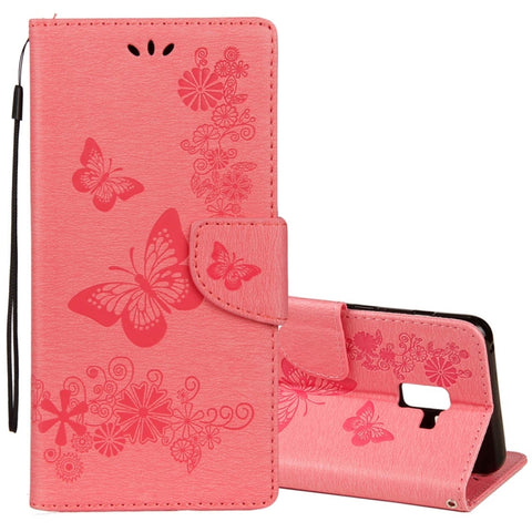 Per Galaxy A8+ (2018) Custodia in pelle con chiusura orizzontale con motivo floreale a farfalla in rilievo vintage con slot per carte, supporto, portafoglio e cordino, For Galaxy A8+ (2018)