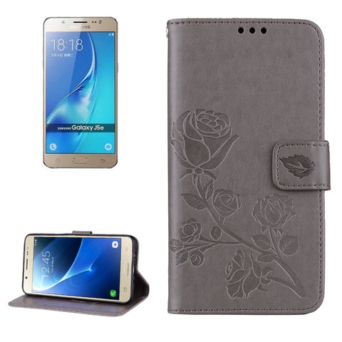 Per Galaxy J5 (2016) / J510 Custodia in pelle con motivo a fiori pressati con rose, supporto, slot per carte e portafoglio, For Samsung Galaxy J5 (2016) / J510, For Galaxy J5 (2016) / J510