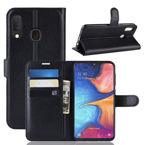 Custodia in pelle con chiusura orizzontale con texture Litchi per Galaxy A20e, con portafoglio, supporto e slot per carte, For Galaxy A20e