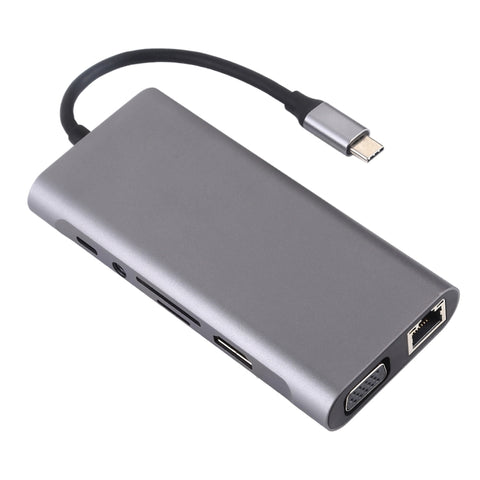 VGA 11 en 1 + port LAN + 4 x USB 3.0 + fiche SD/TF + HDMI + port audio + adaptateur HUB de USB-C/type-C féminin à USB-C/type-C, 11 ports vers Type-C