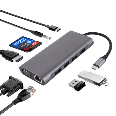 VGA 11 en 1 + port LAN + 4 x USB 3.0 + fiche SD/TF + HDMI + port audio + adaptateur HUB de USB-C/type-C féminin à USB-C/type-C, 11 ports vers Type-C