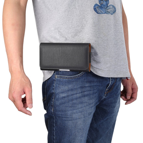 Custodia in pelle da uomo con trama litchi per cellulare portatile, con fibbia posteriore, manica trasversale, marsupio per smartphone da 6,3 pollici o inferiore