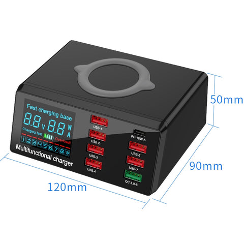 X9 Interfaccia USB QC 3.0 9 in 1 + 6 porte USB + porte PD 65W + Caricabatterie multifunzione a ricarica rapida wireless QI con display LED, X9