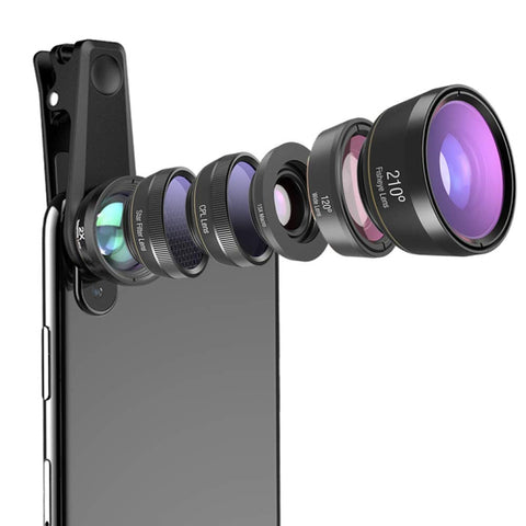 APEXEL APL-DG6V2 Téléphone 2X extérieur universel 6 en 1+Fisheye 210 degrés+Macro 15X+Grandangolo 120 degrés+CPL+Lente filtre étoile