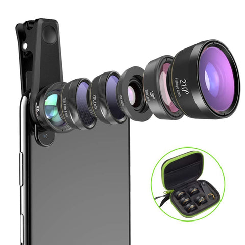 APEXEL APL-DG6V2 Téléphone 2X extérieur universel 6 en 1+Fisheye 210 degrés+Macro 15X+Grandangolo 120 degrés+CPL+Lente filtre étoile