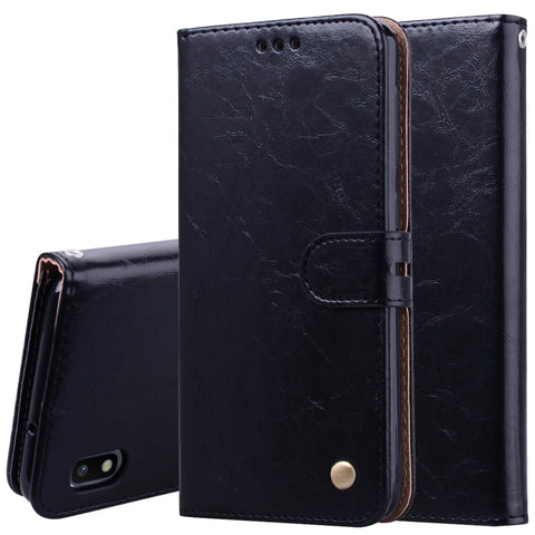 Étui en peau à vibrations orizzontales avec texture en céramique d'olio style business pour Galaxy A10, avec support, emplacement pour carte et portafoglio, pour Galaxy A10