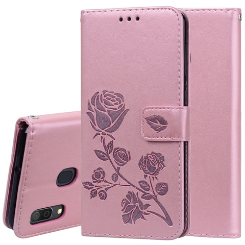 Custodia in pelle PU con chiusura orizzontale in rilievo rosa per Galaxy A30 / A20, con supporto, slot per carte e portafoglio, For Samsung Galaxy A30 / A20
