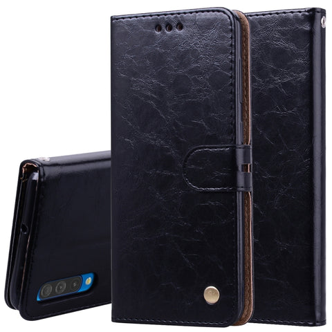 Custodia in pelle a vibrazione orizzontale con texture a cera d'olio stile business per Galaxy A50, con supporto, scomparti per carte e portafoglio, For Galaxy A50