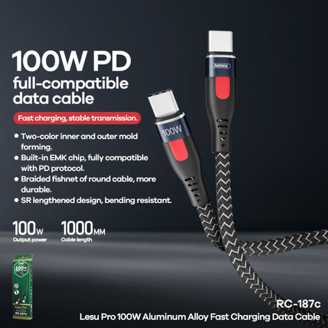 REMAX RC-187c Lesu Pro 1 m PD100W da tipo C a USB-C / tipo C cavo dati di ricarica veloce intrecciato in lega di alluminio, Type-C to USB-C / Type-C