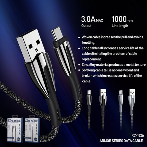 Cavo di ricarica REMAX RC-162a Armor Series 3A da USB a USB-C/Type-C, lunghezza cavo: 1 m, USB-C / Type-C