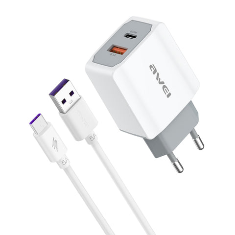 awei PD4 20W PD Type-C + QC 3.0 Interfaccia USB Caricabatterie da viaggio a ricarica rapida con cavo dati, presa EU