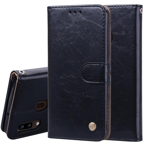 Étui en peau à vibrations orizzontales avec texture en céramique d'olio style business pour Galaxy A20e, avec support, livré par carte et portefeuille, pour Galaxy A20e