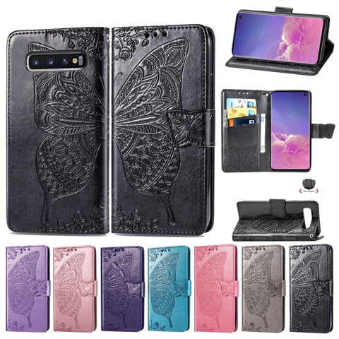 Custodia in pelle con chiusura orizzontale con stampa Butterfly Love Flowers per Galaxy S10, con supporto, scomparti per carte, portafoglio e cordino, For Galaxy S10