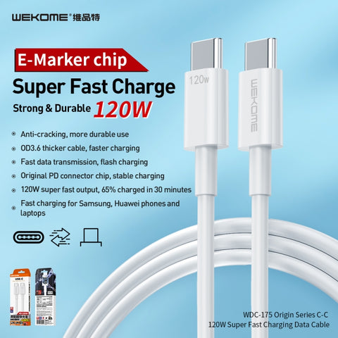 Cavo dati a ricarica rapida WK WDC-175 da USB-C/Type-C a USB/Type-C da 120 W, lunghezza: 1,2 m