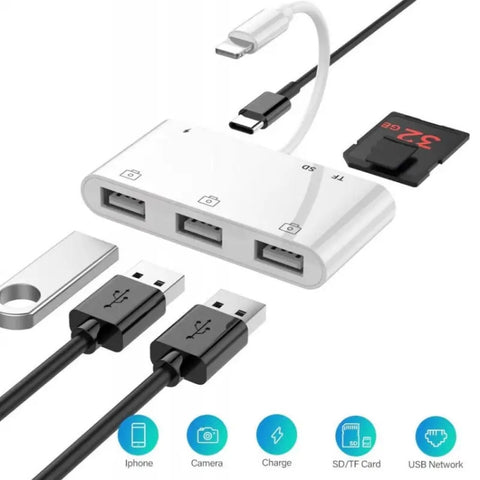 ZS-S1852 Adattatore per lettore di schede per fotocamera OTG 6 in 1 3 USB femmina a 8 pin maschio con scheda SD e TF e interfaccia di ricarica a 8 pin, supporta tutti i sistemi iOS