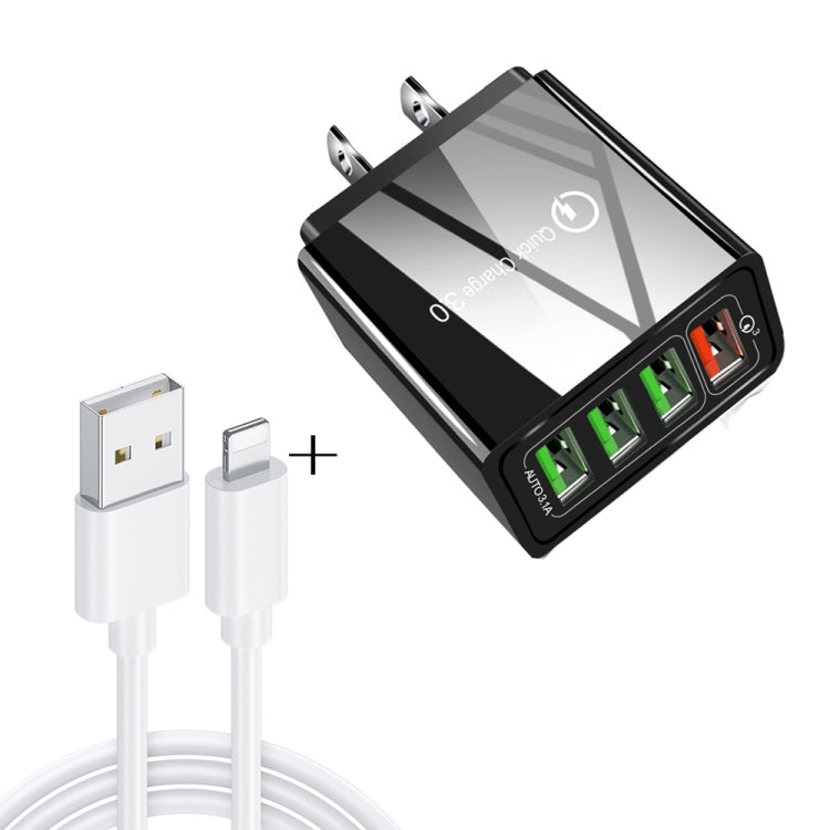 2 in 1 1m USB to 8 Pin Data Cable + 30W QC 3.0 4 USB Interfaces Mobile Phone Tablet PC Universal Quick Charger Travel Charger Set, US Plug              ...