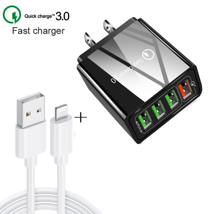 2 in 1 1m USB to 8 Pin Data Cable + 30W QC 3.0 4 USB Interfaces Mobile Phone Tablet PC Universal Quick Charger Travel Charger Set, US Plug              ...