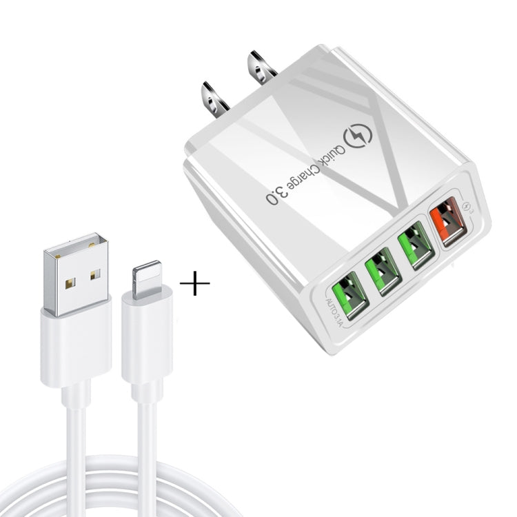 2 in 1 1m USB to 8 Pin Data Cable + 30W QC 3.0 4 USB Interfaces Mobile Phone Tablet PC Universal Quick Charger Travel Charger Set, US Plug              ...