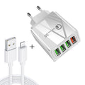 2 in 1 1m USB to 8 Pin Data Cable + 30W QC 3.0 4 USB Interfaces Mobile Phone Tablet PC Universal Quick Charger Travel Charger Set, EU Plug              ...