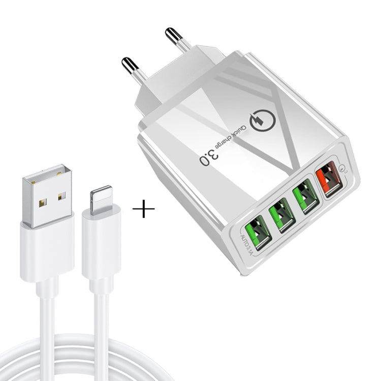 2 in 1 1m USB to 8 Pin Data Cable + 30W QC 3.0 4 USB Interfaces Mobile Phone Tablet PC Universal Quick Charger Travel Charger Set, EU Plug              ...
