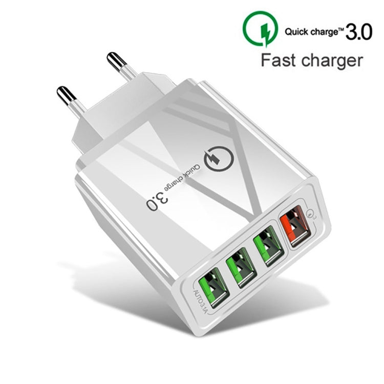2 in 1 1m USB to 8 Pin Data Cable + 30W QC 3.0 4 USB Interfaces Mobile Phone Tablet PC Universal Quick Charger Travel Charger Set, EU Plug              ...