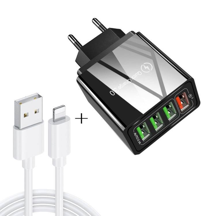 2 in 1 1m USB to 8 Pin Data Cable + 30W QC 3.0 4 USB Interfaces Mobile Phone Tablet PC Universal Quick Charger Travel Charger Set, EU Plug              ...