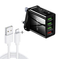 2 in 1 1m USB to 8 Pin Data Cable + 30W QC 3.0 4 USB Interfaces Mobile Phone Tablet PC Universal Quick Charger Travel Charger Set, UK Plug              ...