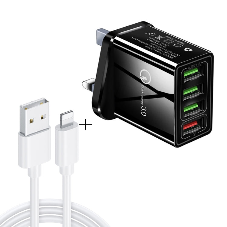 2 in 1 1m USB to 8 Pin Data Cable + 30W QC 3.0 4 USB Interfaces Mobile Phone Tablet PC Universal Quick Charger Travel Charger Set, UK Plug              ...