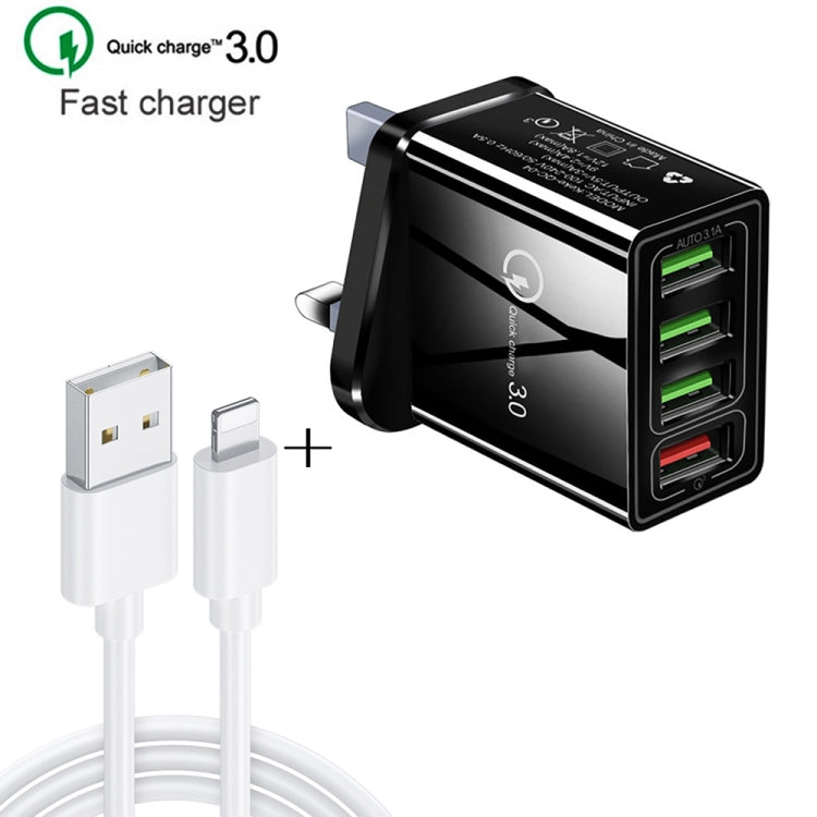 2 in 1 1m USB to 8 Pin Data Cable + 30W QC 3.0 4 USB Interfaces Mobile Phone Tablet PC Universal Quick Charger Travel Charger Set, UK Plug              ...