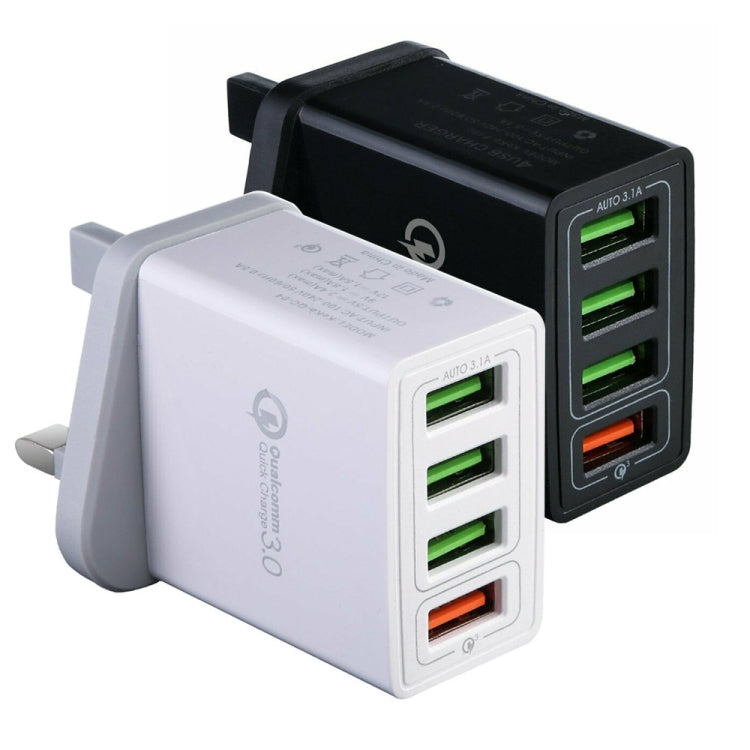 2 in 1 1m USB to 8 Pin Data Cable + 30W QC 3.0 4 USB Interfaces Mobile Phone Tablet PC Universal Quick Charger Travel Charger Set, UK Plug              ...
