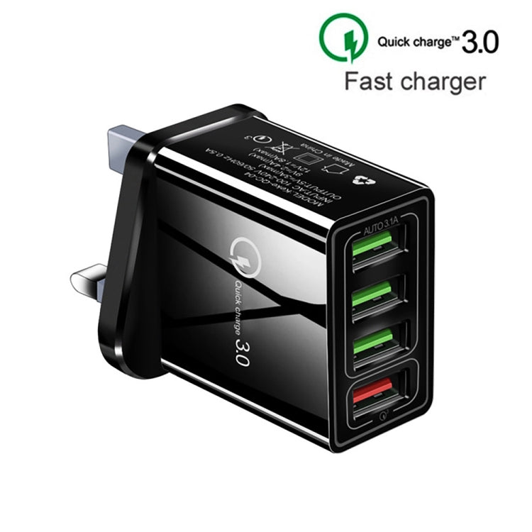 2 in 1 1m USB to 8 Pin Data Cable + 30W QC 3.0 4 USB Interfaces Mobile Phone Tablet PC Universal Quick Charger Travel Charger Set, UK Plug              ...