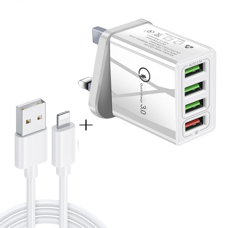 2 in 1 1m USB to 8 Pin Data Cable + 30W QC 3.0 4 USB Interfaces Mobile Phone Tablet PC Universal Quick Charger Travel Charger Set, UK Plug              ...