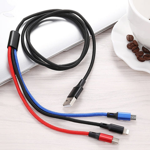 Cavo di ricarica intrecciato colorato da USB a 8 pin 3 in 1 + Type-C / USB-C + Micro USB, lunghezza cavo: 1,2 m