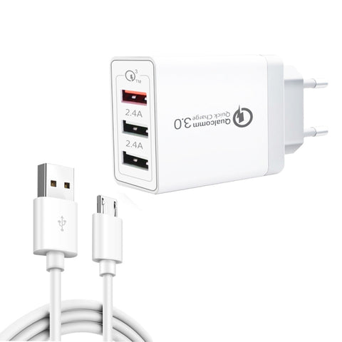 SDC-30W Cavo dati da USB a micro USB 2 in 1 + USB QC 3.0 da 30 W + Porte USB 2.0 doppie da 2,4 A Telefono cellulare Tablet PC Caricatore rapido universale Set caricabatterie da viaggio, presa EU, with Micro USB Cable, EU Plug