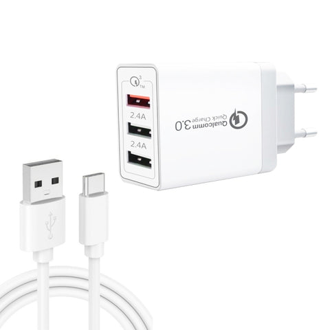 Cavo dati SDC-30W 2 in 1 da USB a USB-C/Type-C + USB QC 3.0 da 30 W + doppie porte USB 2.0 da 2,4 A Telefono cellulare Tablet PC Caricabatterie rapido universale Set caricabatterie da viaggio, presa EU, with USB-C / Type-C Cable, EU Plug