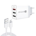 SDC-30W 2 in 1 USB to 8 Pin Data Cable + 30W QC 3.0 USB + 2.4A Dual USB 2.0 Ports Mobile Phone Tablet PC Universal Quick Charger Travel Charger Set, EU ...