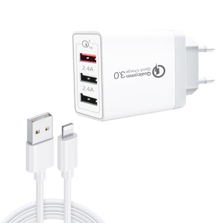 SDC-30W 2 in 1 USB to 8 Pin Data Cable + 30W QC 3.0 USB + 2.4A Dual USB 2.0 Ports Mobile Phone Tablet PC Universal Quick Charger Travel Charger Set, EU ...