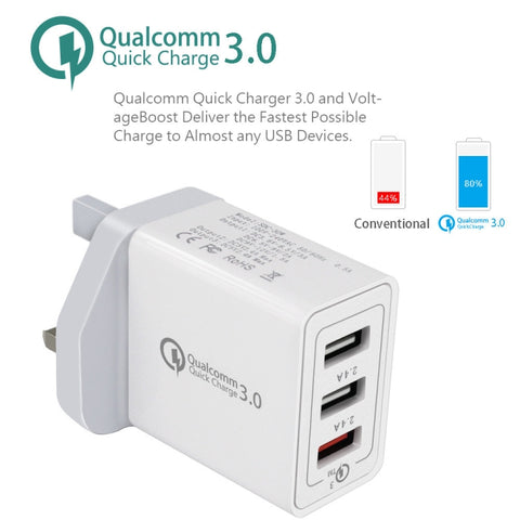 SDC-30W Cavo dati USB 2 in 1 a 8 pin + USB QC 3.0 da 30 W + doppie porte USB 2.0 da 2,4 A Telefono cellulare Tablet PC Caricatore rapido universale Set caricabatterie da viaggio, presa UK, with 8 Pin Cable, UK Plug