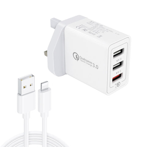 SDC-30W Cavo dati USB 2 in 1 a 8 pin + USB QC 3.0 da 30 W + doppie porte USB 2.0 da 2,4 A Telefono cellulare Tablet PC Caricatore rapido universale Set caricabatterie da viaggio, presa UK, with 8 Pin Cable, UK Plug