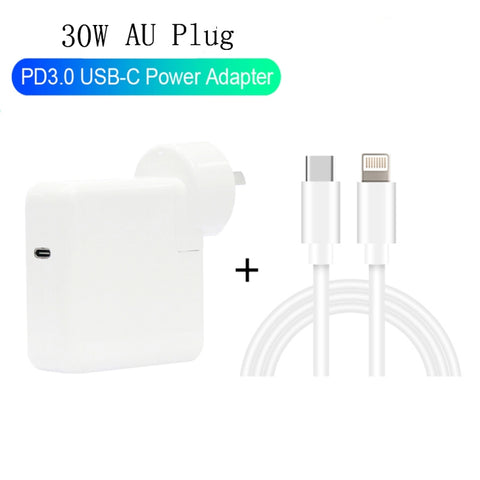 Caricabatterie da viaggio USB-C/Type-C 2 in 1 PD3.0 da 30 W con piedino staccabile + set di cavi dati a ricarica rapida PD3.0 3A USB-C/Type-C a 8 pin, lunghezza cavo: 1 m, spina AU, 1m