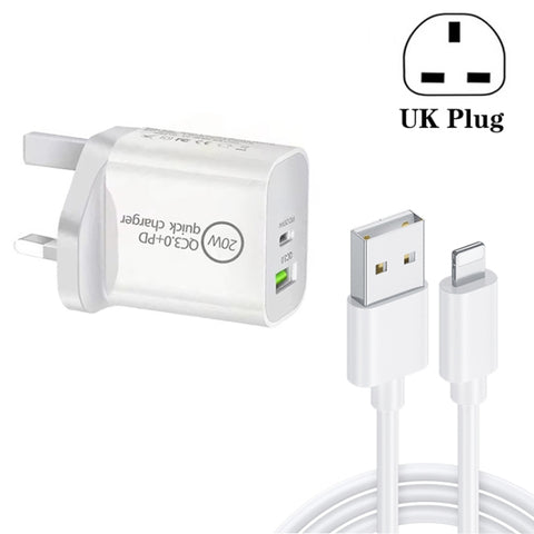 SDC-18W Caricatore da viaggio universale a ricarica rapida doppia USB PD 3.0 + QC 3.0 da 18 W con cavo dati di ricarica rapida da micro USB a 8 pin, presa UK, USB to 8 Pin (UK Plug)