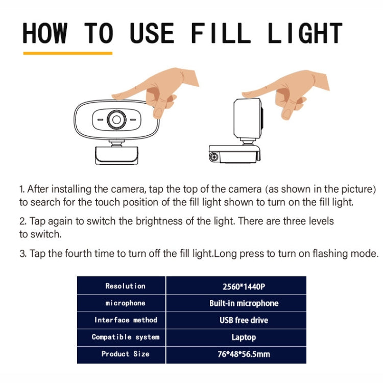C10 2K HD Without Distortion 360 Degrees Rotate Three-speed Fill Light USB Free Drive Webcams, Built-in  Sound Clearer Microphone