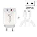 20W PD Type-C + QC 3.0 USB Interface Fast Charging Travel Charger with USB-C / Type-C to 8 Pin Fast Charge Data Cable, EU Plug, US Plug, AU Plug