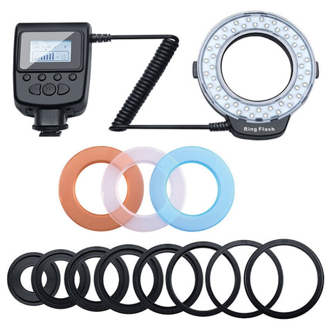 Flash ad anello LED macro HD-130 con anello adattatore di 8 diverse dimensioni (40,5 / 52 / 55 / 58 / 62 / 67 / 72 / 77 mm) e 3 diffusori colorati