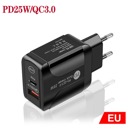 25W Dual Port Fast Charger with USB-C and QC3.0 for